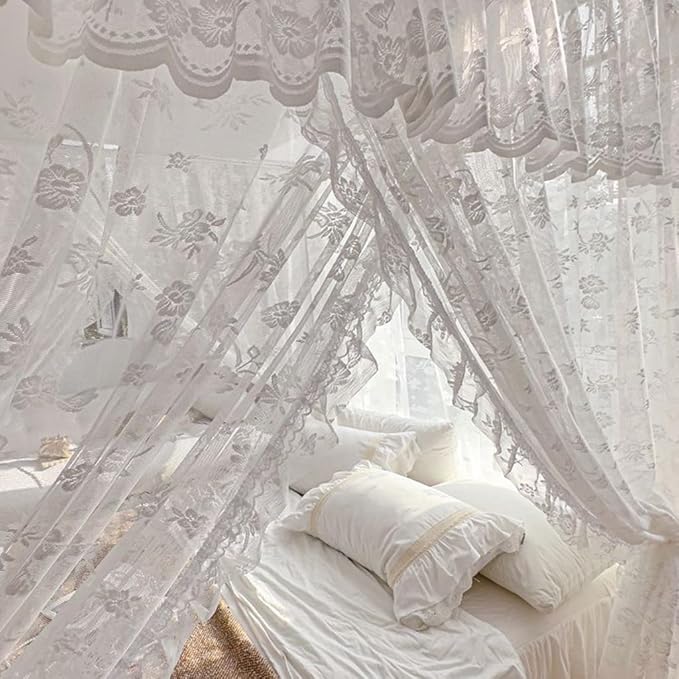Elegant Princess 4 Corner Post Mosquito Net Romantic for Girls Women Bed Curtain Canopy for Adult Wedding Bedroom Kids Rooms Decoration (Type2-Beige-White, California King)