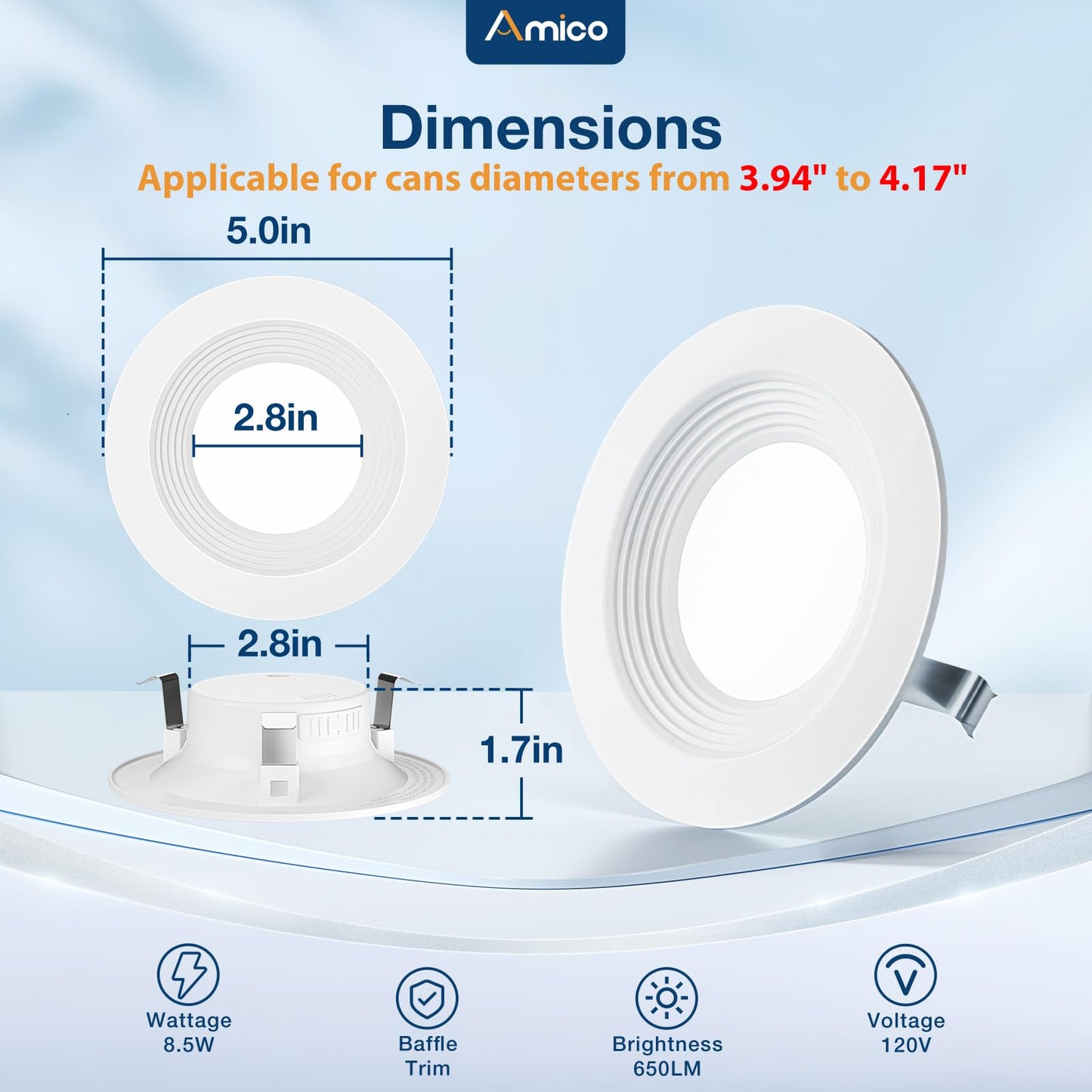 Amico 4 Pack 4 Inch 5Cct Led Recessed Lighting  Dimmable  8.5W=60W  650Lm  2700K/3000K/4000K/5000K/6000K Selectable  Retrofit Can Lights With Baffle Trim  Ic Rated - Etl & Fcc  White