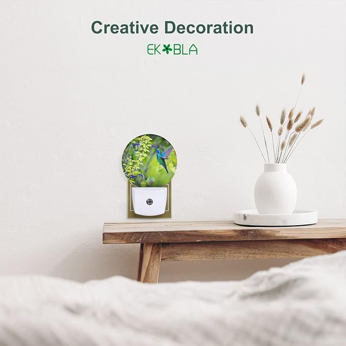 EKOBLA Blue Hummingbird Night Lights Plug into Wall Spring Garden Bird Flowers Plants LED Dusk to Dawn Plug-in Nightlights Auto Sensor for Home Indoor Bathroom Hallway Kitchen