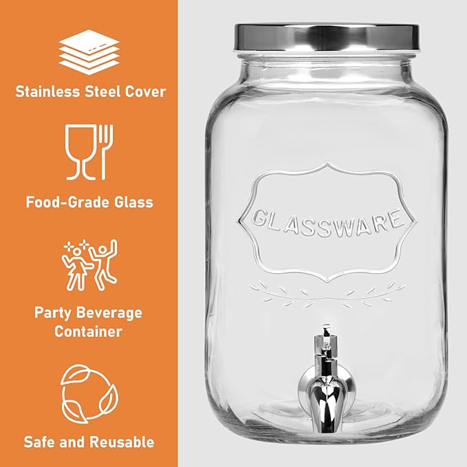 Moretoes Glass Drinks Dispenser for Parties, 2 PACK 1 Gallon Beverage Dispenser with Stand for Juice and Iced Tea, Water Jug Dispenser for Lemonade, Party Essential Beverage Pitcher with Spout