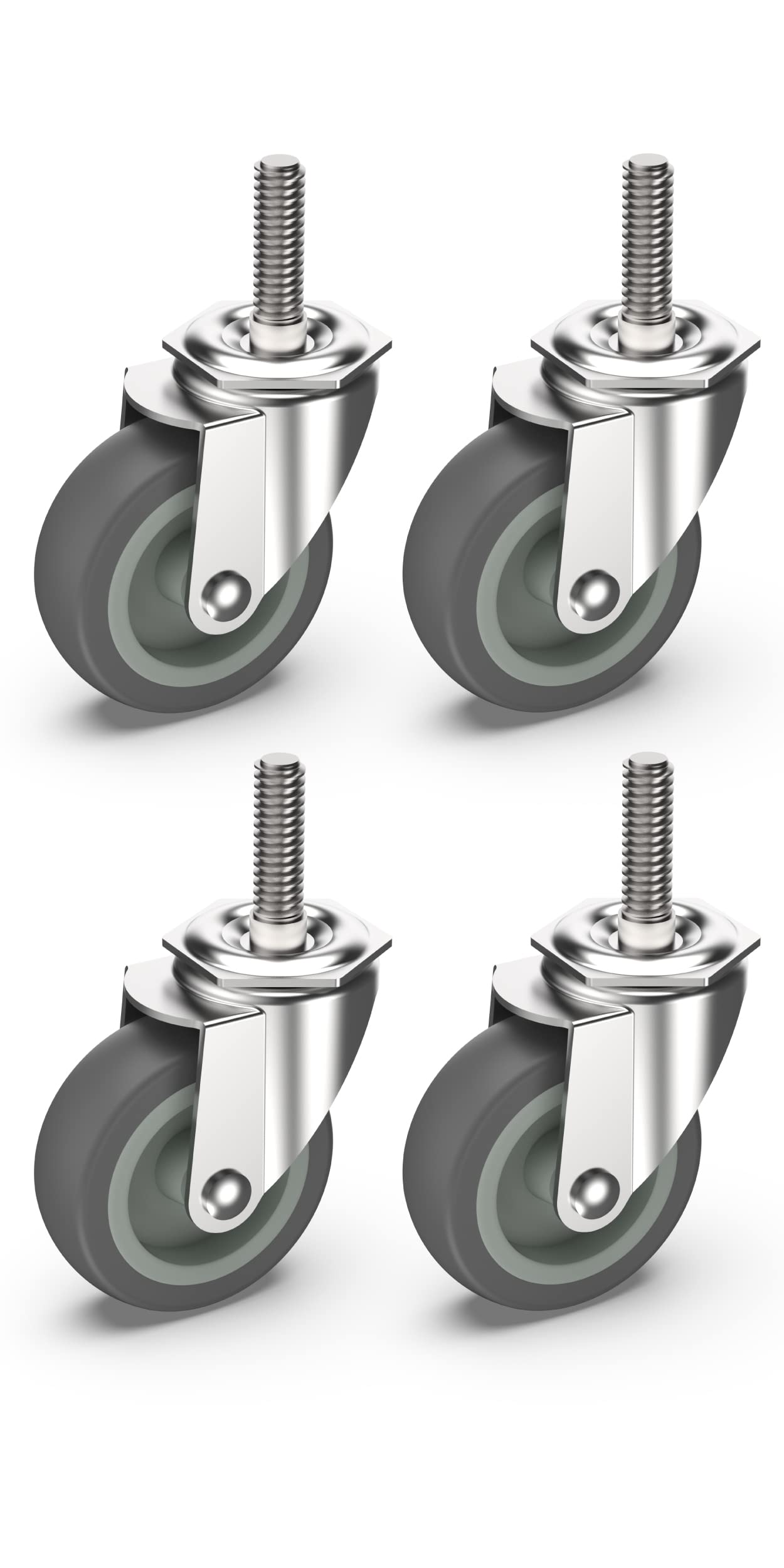 HOLKIE Caster Wheels 3 inch with No Brake Stem Casters, 3/8" -16 x 1-1/2" (Stem Diameter 3/8", Stem Length 1-1/2") Threaded Swivel Casters Set of 4 Heavy Duty Castors Grey
