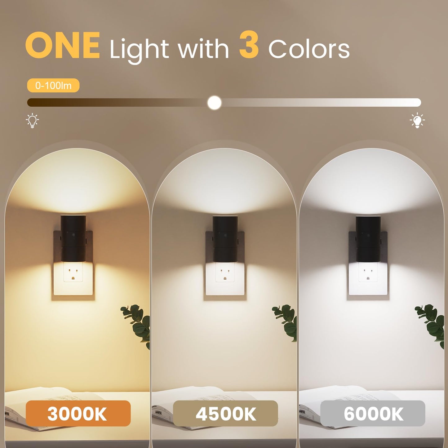VOLISUN Dimmable LED Night Lights with Dusk to Dawn Sensor, 0-100LM Adjustable Brightness, 3 Color Temperatures, Black, 8 Pack