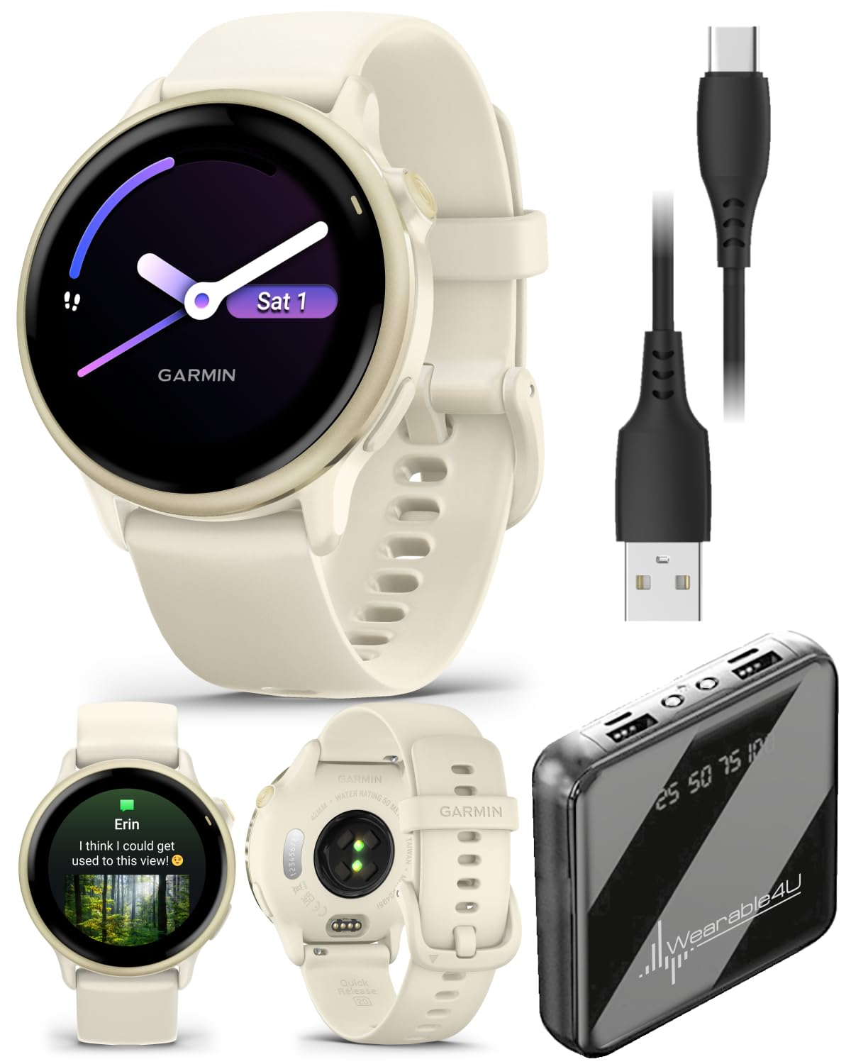 Wearable4U Garmin Vivoactive 6 - Health & Fitness Smartwatch, 1.2 in Bright AMOLED Display, GPS Sports Tracking, Up to 11 Days of Battery, Lunar Gold with Bone Band w PowerBank Bundle