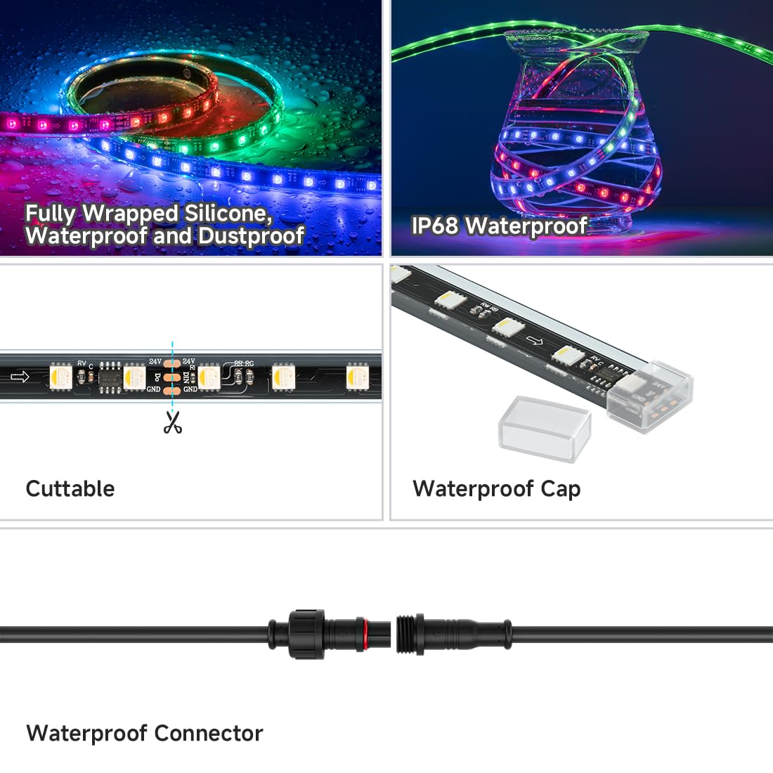 Btf-Lighting Ip68 Waterproof Outdoor Ws2814 Rgbw Ic Led Strip Rgb+Cool White(6000K)Addressable Dream Color 5050Smd Light Dc24V 16.4Ft 60Leds/M 10Pixels/M Can Work Under Water(No Adapter Or Controller)