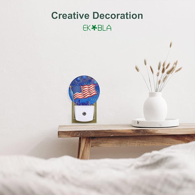 EKOBLA 4th of July Night Light American Flag Fireworks Patriotic Spirit Night Lights Plug into Wall Independence Day Plug-in Nightlights Auto on/Off Led Lamp for Men Women Girls Boys