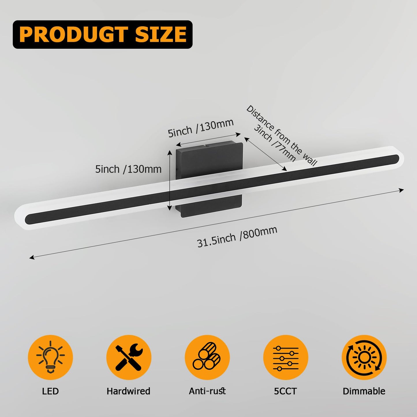Joosenhouse Modern Black Vanity Lights For Bathroom  5Cct Dimmable Bathroom Led Light Bar  Above Mirror Vanity Lighting  31.5 Inch 24W