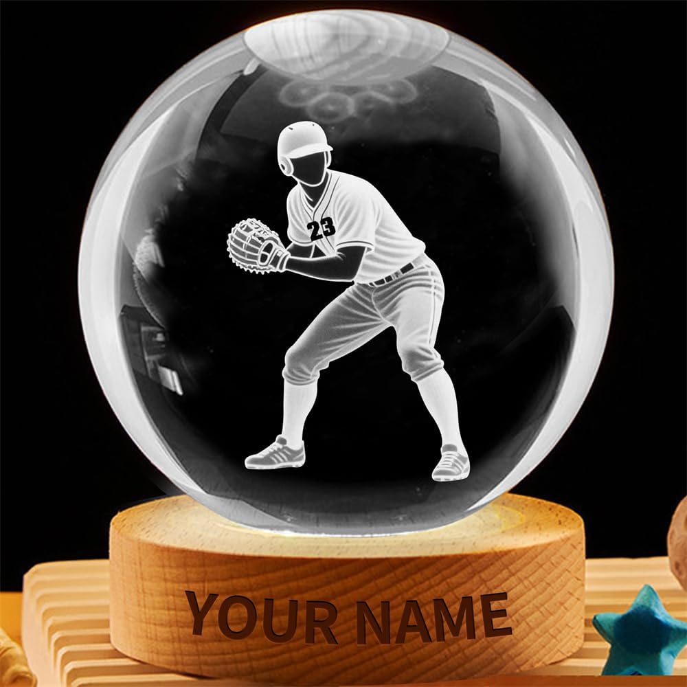 Personalized Baseball Crystal Night Light Gift for Men Women, Custom Name/Number Baseball Player 3D Crystal Ball Night Light Lamp for Bedroom Room Sports Decor Party Bar Christmas Birthday Gift