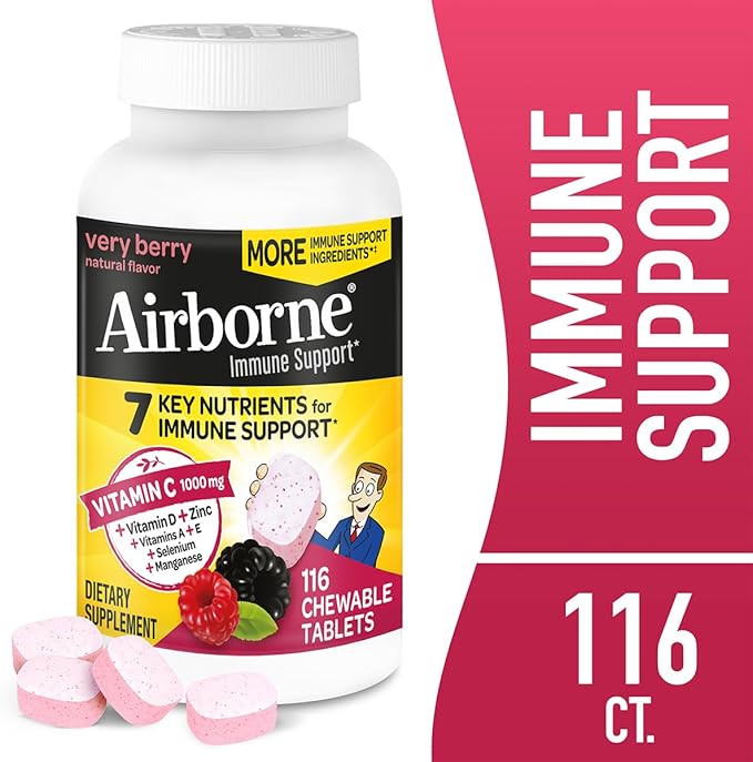 Airborne 1000mg Vitamin C + Zinc Immune Support Supplement Chewable Tablets, Very Berry Flavor with Powerful Antioxidants Vitamins A C & E, 116 Chewable Tablets (2 Pack)