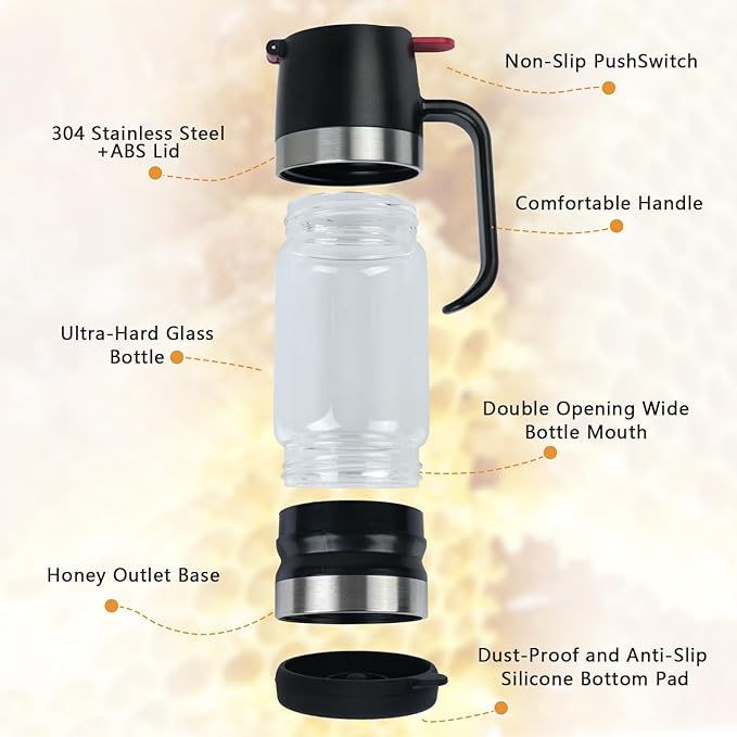 Honey Dispenser No Drip with Base 2025 Upgrade, 12OZ Glass Honey Jar pot with Handle, Syrup Dispenser for Coffee or Tea, Mess Free Honey Dispenser for Honey and Syrup, Honey Container