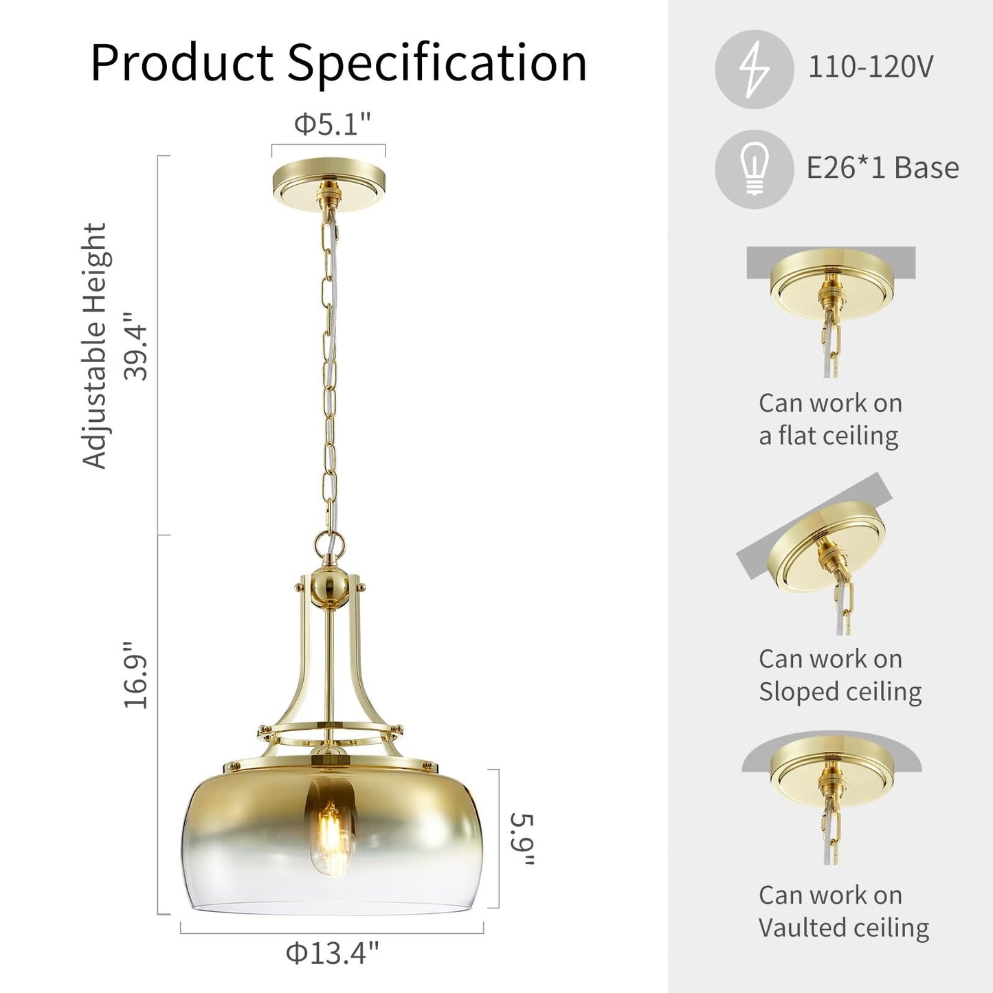 WUZUPS Gold Chandelier Pendant Light Fixture, Gradient Glass Shade, 17inH x 13.4inW, Metal, Model USHD9607PB, Rustic Farmhouse Style