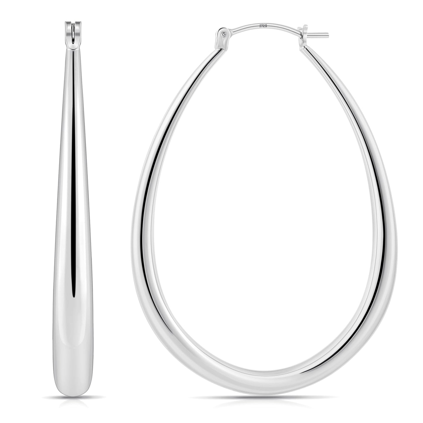 Gacimy Silver Chunky Hoop Earrings for Women, 14K White Gold Plated Oval Hoop Big Earrings with 925 Sterling Silver Post, 50mm W