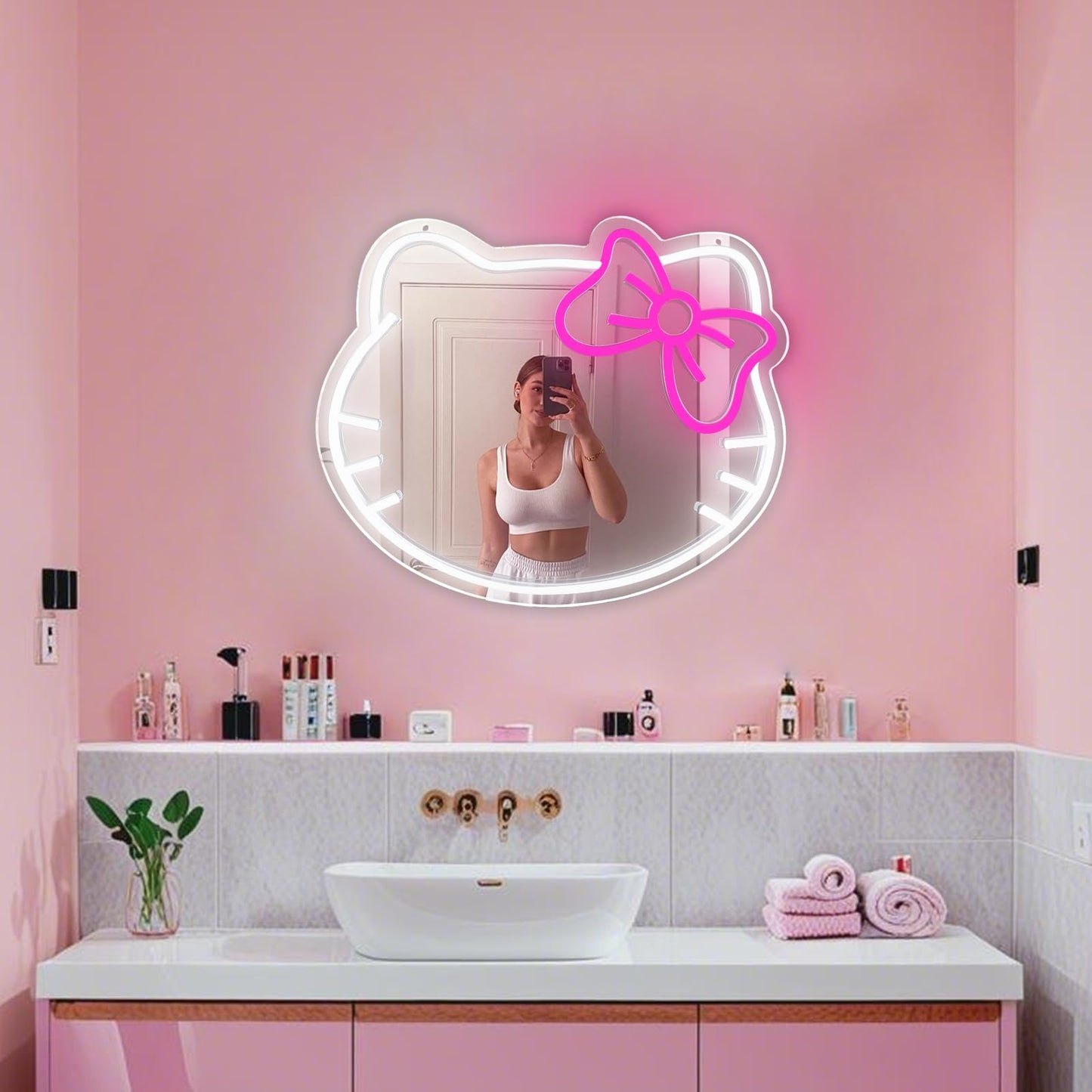 Aslanka LED Cat Mirror Neon Sign, Dimmable USB Powered, 14x12in Acrylic, Cute Kitty Wall Decor