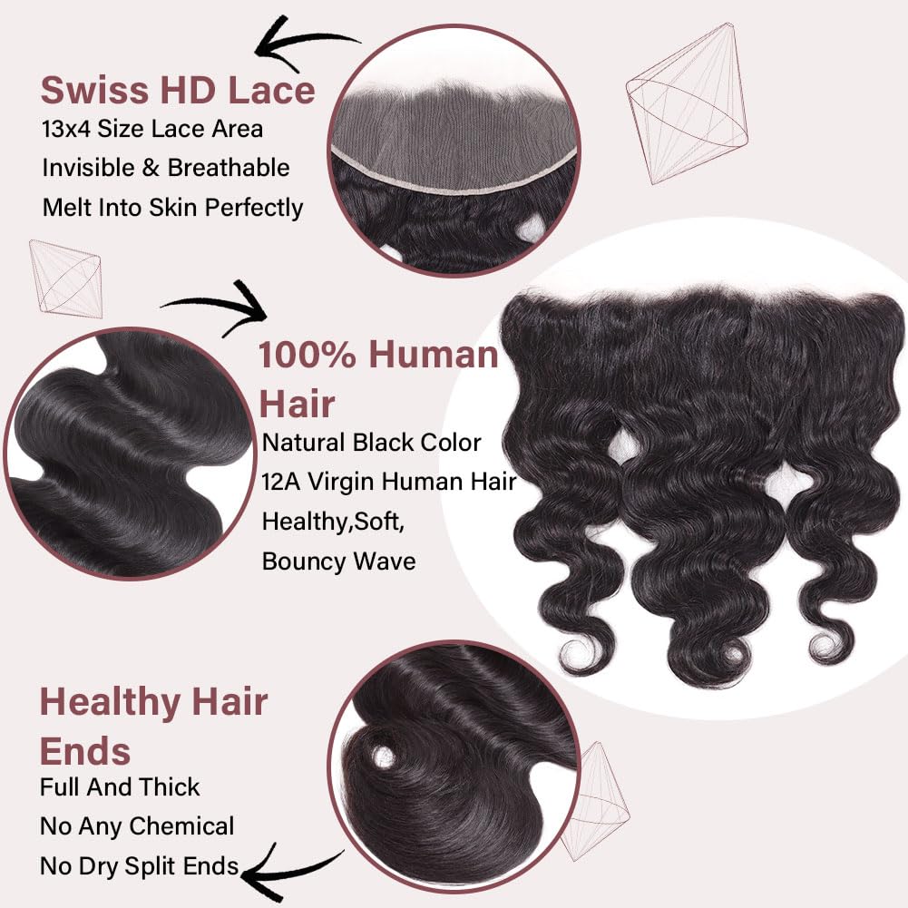 Omswet 13x4 HD Lace Frontal Human Hair Body Wave SKINLIKE 0.1mm Ultra-Thin HD Lace Frontal Pre Plucked Natural Hairline Small Kn
