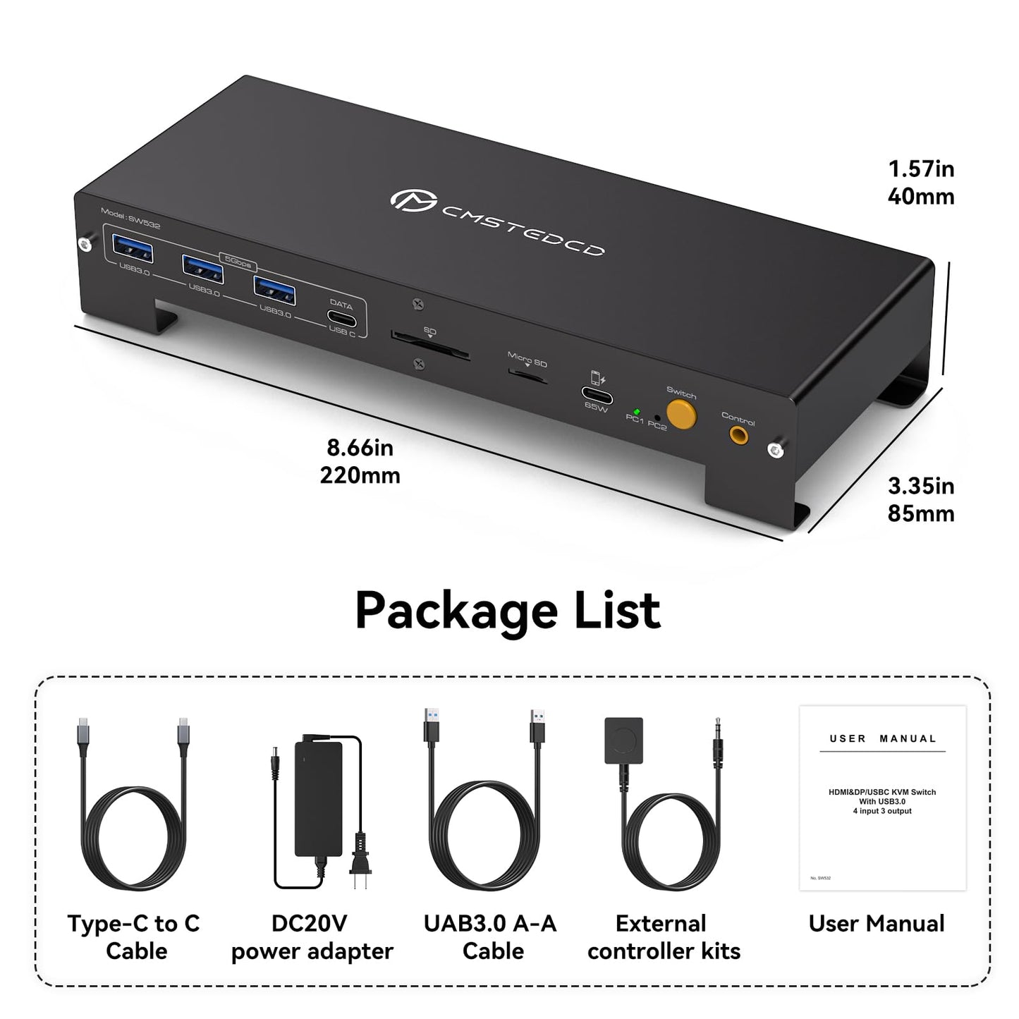 KVM Switch 3 Monitors 2 Computers 4K@120Hz Displayport and 4K@60Hz HDMI USB C KVM Switch Docking Station Shared Dual or Triple Monitors for Thunderbolt 3 Laptop and Desktop Support 100W PD Charging
