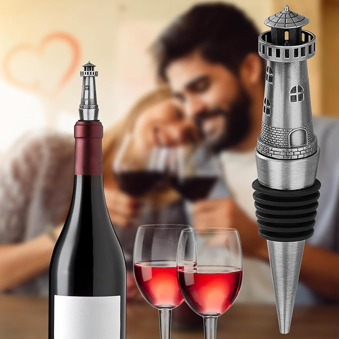 Nautical Lighthouse Wine bottle Stopper for Wine Champagne, Lighthouse Gifts Wine Gifts for Men Women Pharos Lovers, Wine Saver, Wine Accessories, Silver