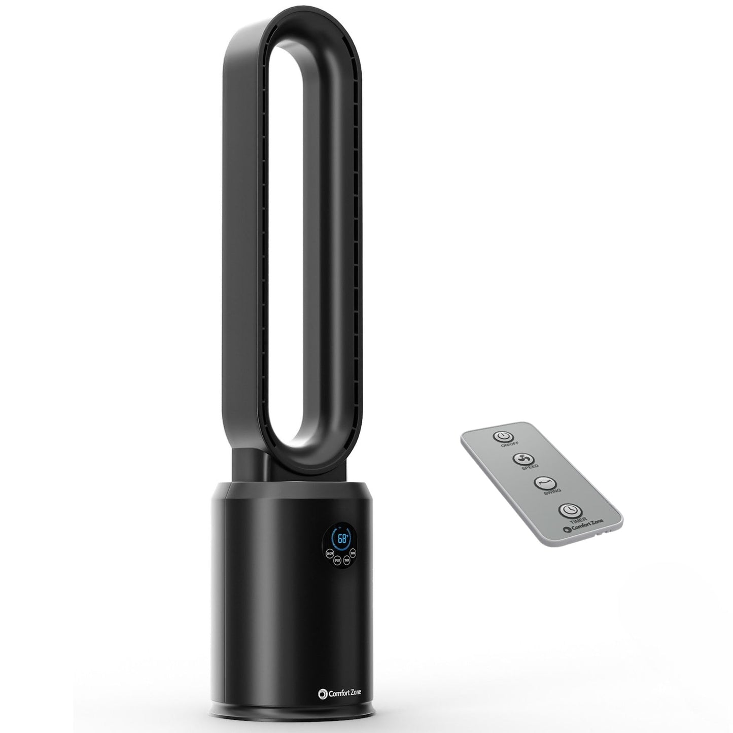 Comfort Zone 40-Inch Bladeless Tower Fan for Bedroom, 3-Speed Stand Fan with Remote Control, 9-Hour Timer, Wide Oscillation & Di