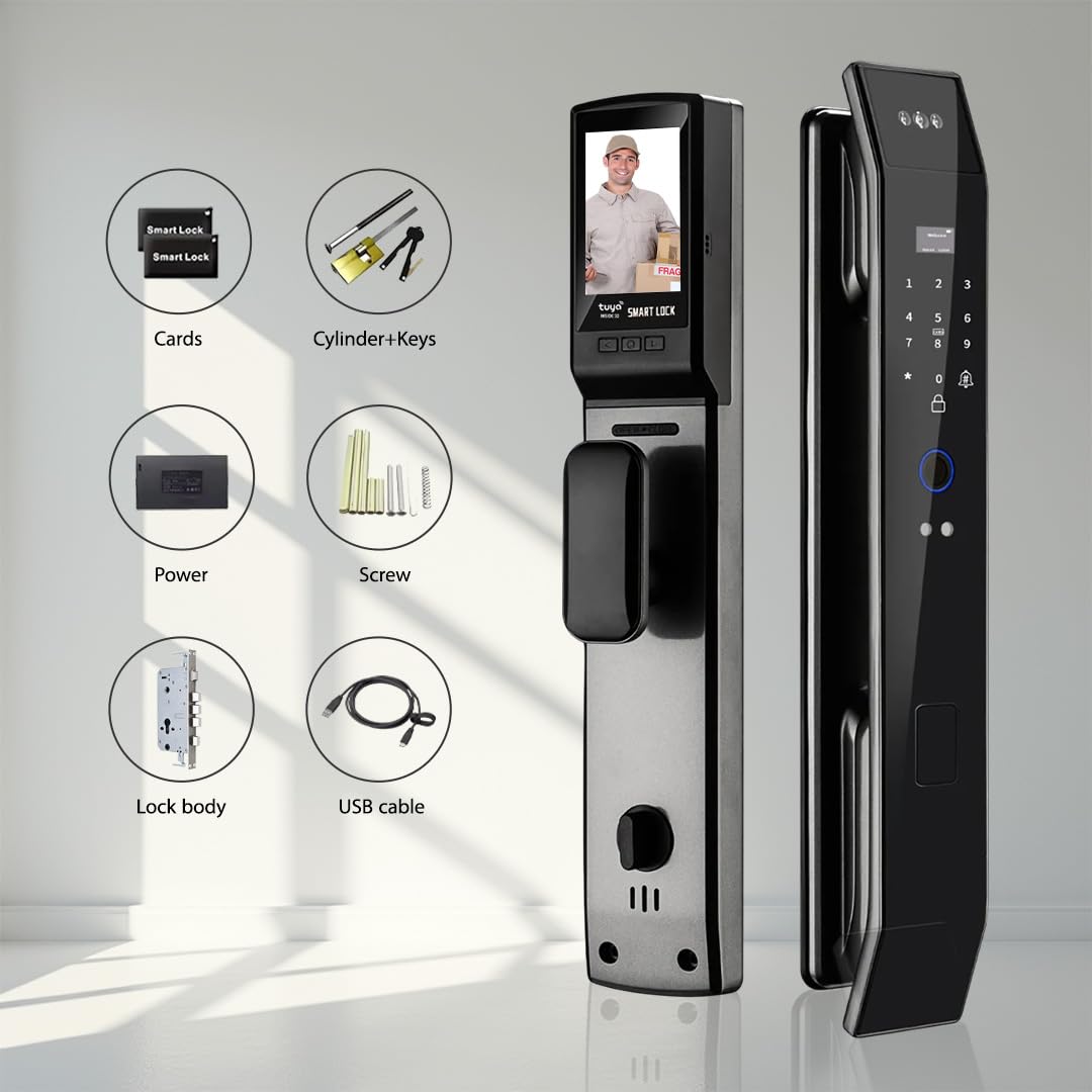 Smart WiFi Door Lock with 3D Face Recognition, Fingerprint, Video Doorbell & Intercom | Keyless Entry via Passcode, IC Card, Tuya App & Mechanical Key | Camera Security System for Front Door