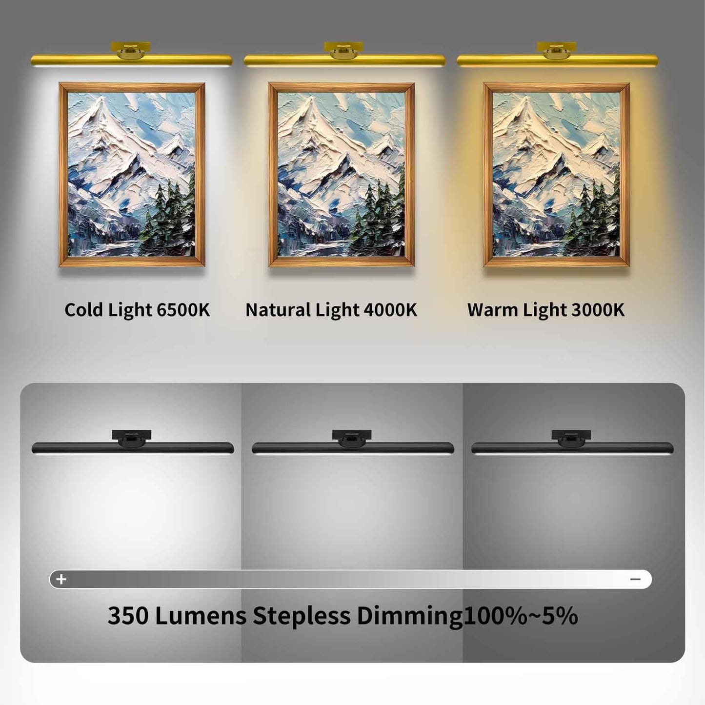 MQOUO 24.4" Wireless Picture Lights, Rechargeable Battery Art Display Light with Remote Control, Dimmable/Timer Off Dartboard Light, 3 Lighting Modes Full Metal Painting Display Lights (Black-2Pack)