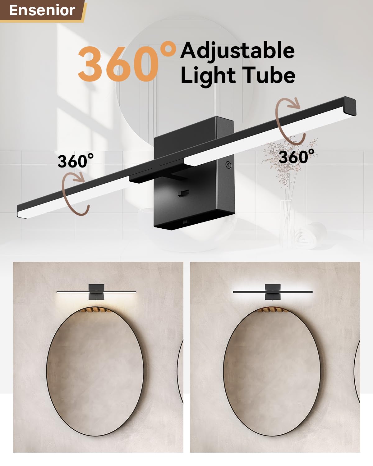 Ensenior Modern Bathroom Vanity Light 24 inch, Built-in Dimmer, 14W Dimmable 5CCT Led Bath Lights, Black Bar Vanity Light for Bathroom Mirror Cabinets Bedroom-FCC & ETL Certificated