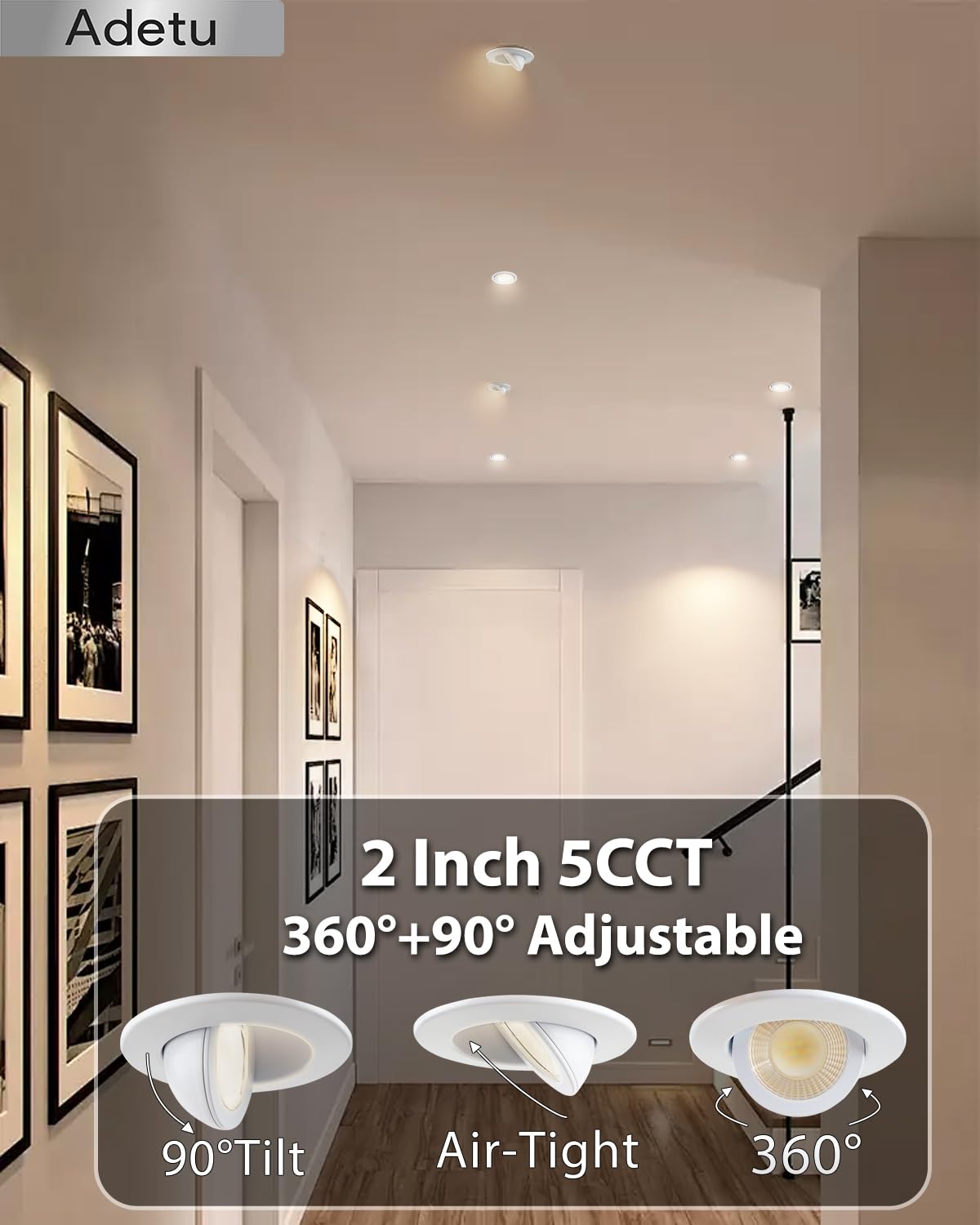 Adetu 2 Inch 5Cct Gimbal Led Recessed Lighting With Junction Box  360?90?Adjustable Recessed Can Lights  2700K/3000K/3500K/4000K/5000K Selectable  5W Eqv 50W  550Lm Brightness - Etl (White 6 Pack)