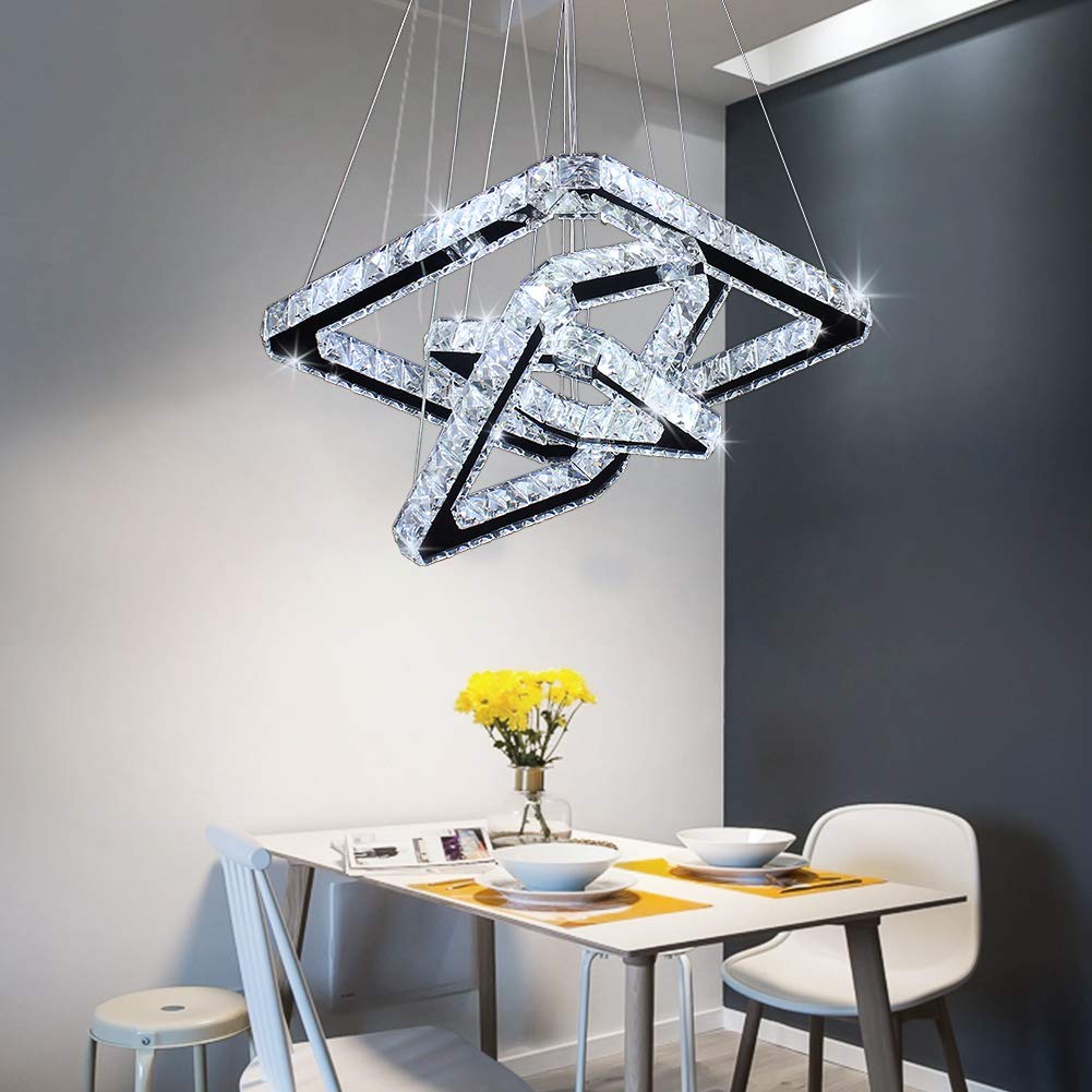 Diisunbihuo Modern Crystal Led Chandelier Pendant Light, Adjustable Height, Square Rings, Cool White, Model B078Dlym5X