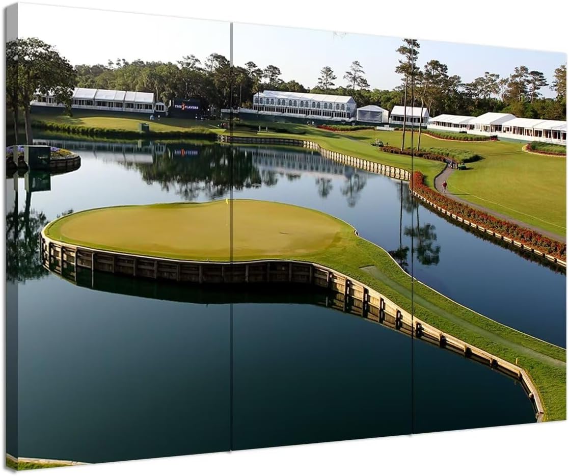 chenchenArt USA Golf Course Wall Art for Living Room Bedroom Bathroom Home Decorations TPC Sawgrass Golf Course Pictures Posters Canvas Prints Modern Artwork Framed Ready to Hang(20''W x 40''H x3)