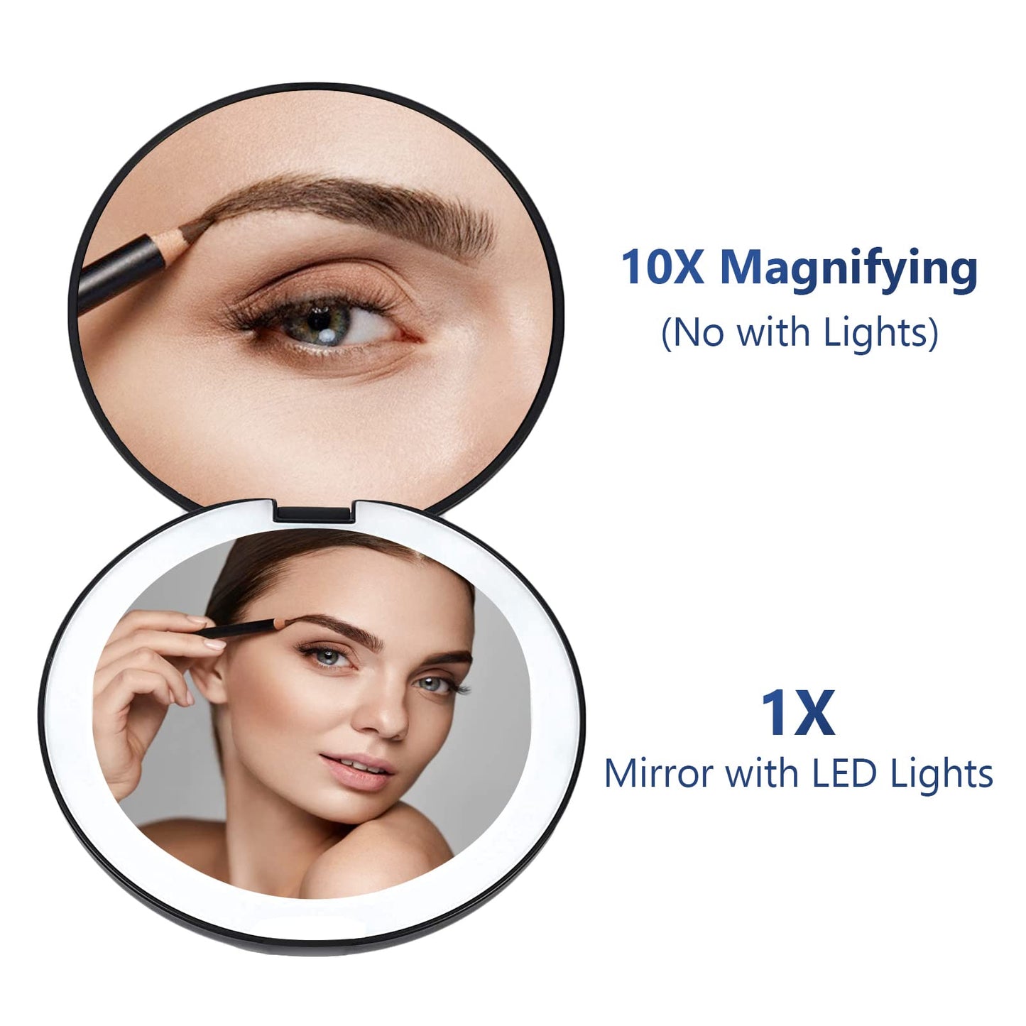 wobsion Small Travel Mirror,1x/10x Magnification Compact Mirror with Light,Dimmable Small Pocket Mirror, Portable Travel Makeup
