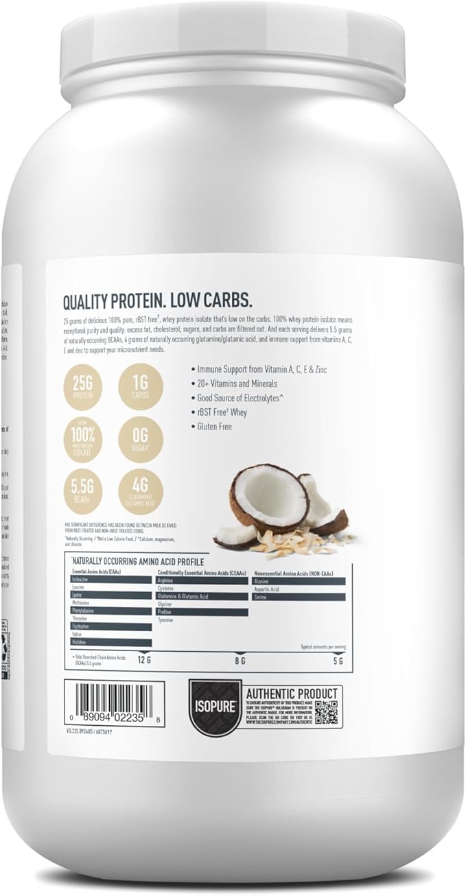 Isopure Low Carb 100% Pure Whey Isolate Protein Powder, Lactose Free, Gluten Free, With Vitamins, Toasted Coconut, 25g Protein Per Serving, 3 Lbs, 42 Servings