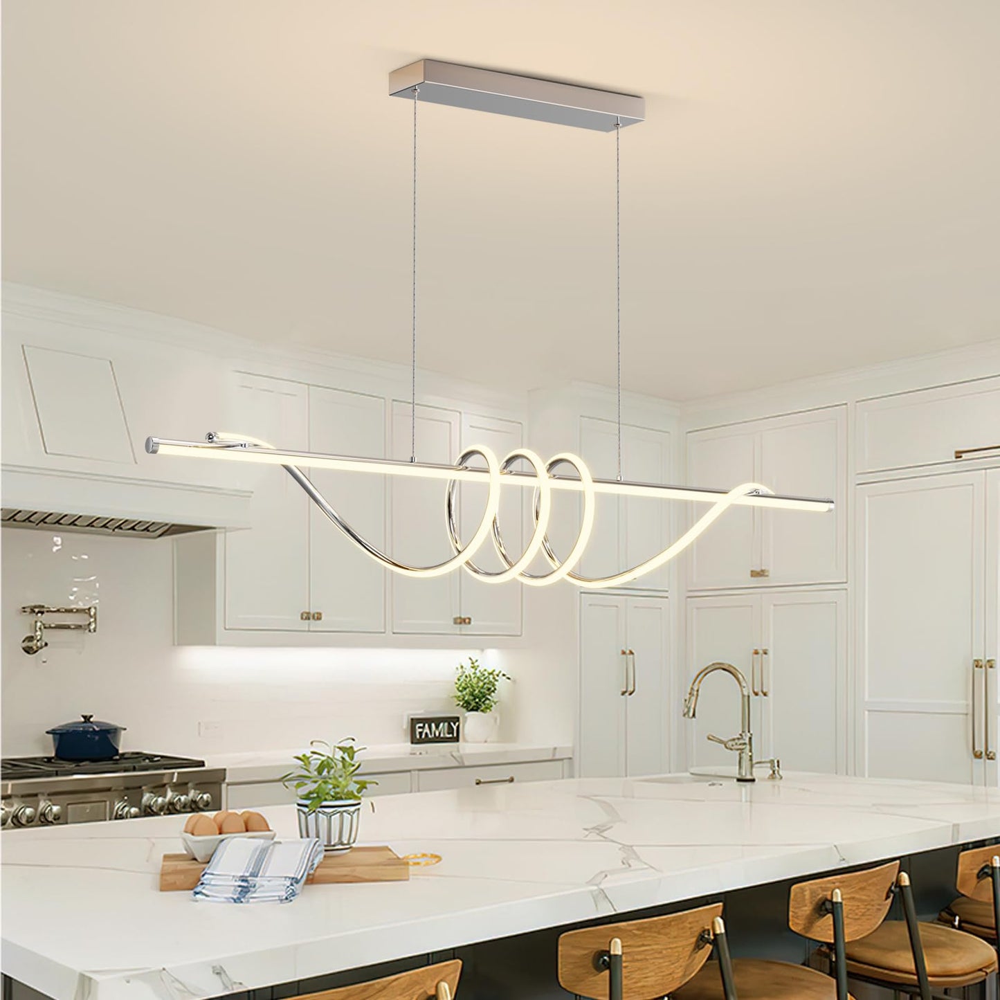 Zihoi Modern LED Pendant Light Fixture, Dimmable with Remote, 57in, Aluminum, Chrome Silver, Adjustable Color for Kitchen, Dining, Living