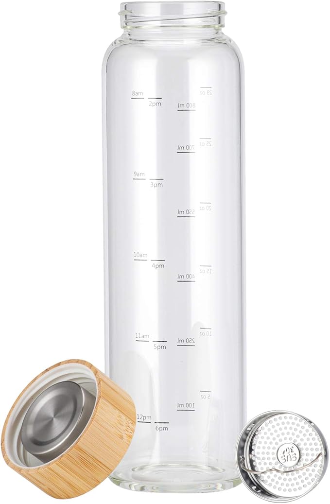 Glass Water Bottle 32 oz Wide Mouth with Sleeve Bamboo Lid Motivational Water Bottle With Time Marker Reusable Safe for Hot Cold Drinks Bpa Free (Green)