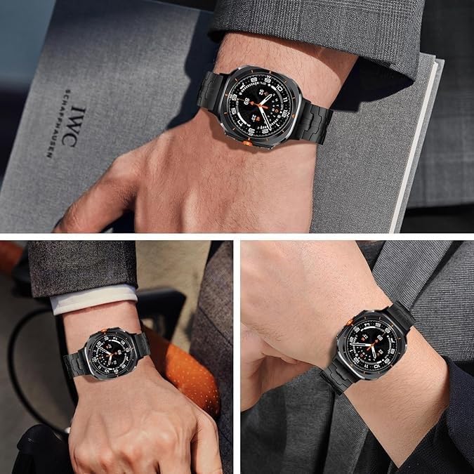 WONJOY Compatible with Samsung Galaxy Watch Ultra Band 47mm(2025/2024), Robust Men Stainless Steel Replacement Link Metal Bracelet (Black&Orange)