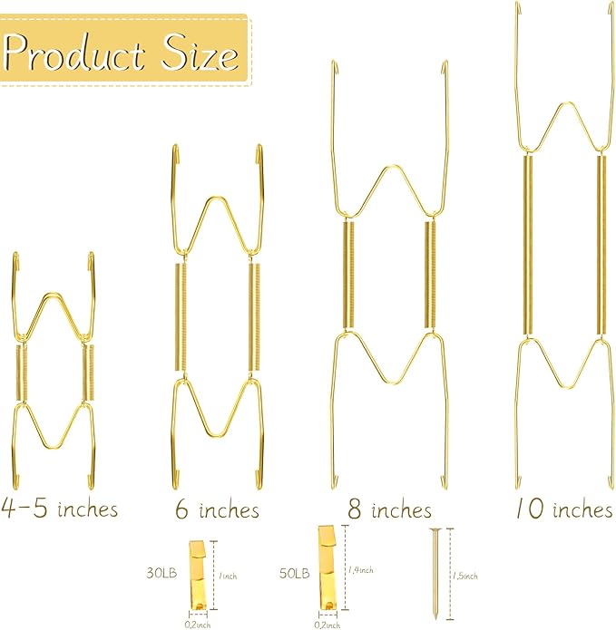 Hotop 20 Pieces Invisible Wall Plate Hangers 4/5/6/8/10 Inches Wall Plate Hangers Stainless Steel Decorative with 20 Pieces Hook with Nails for Decorative Antique and Arts(Gold)