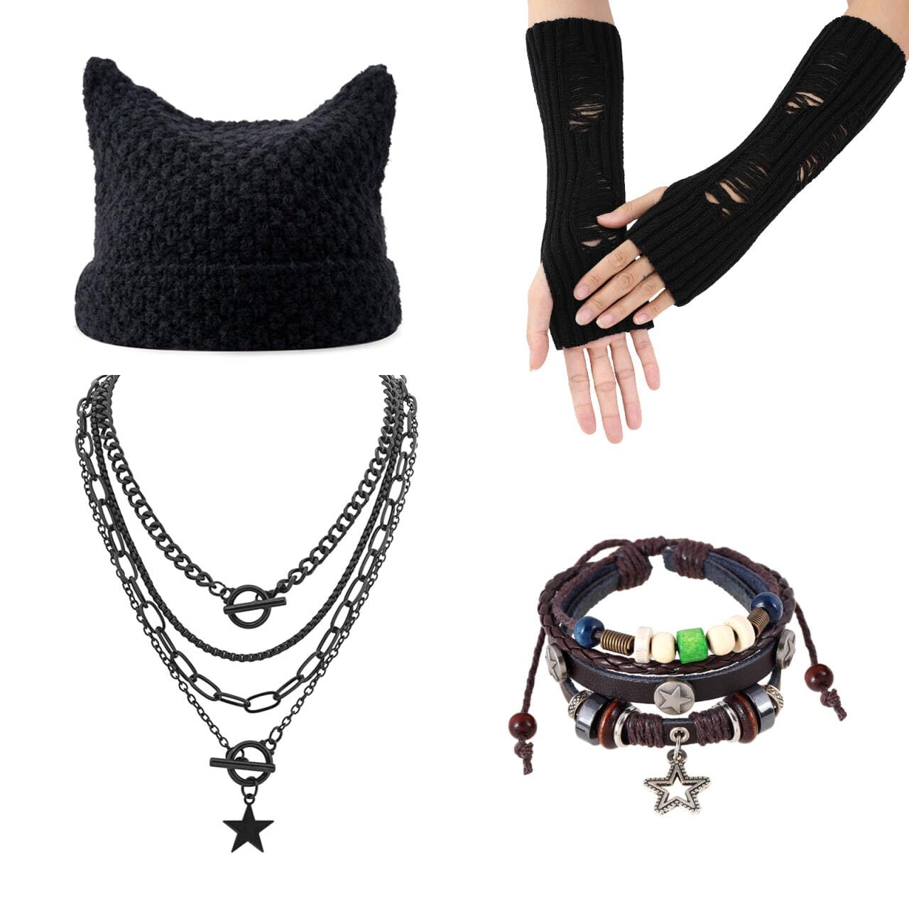 4PCS Therian Stuff Y2K Clothes,Therian Gloves,Knitted Headband Hat,Y2K Fairy Grunge Bracelet,Grunge Necklace,Therian Accessories Christmas Cosplay Party Jewelry Gift for Women