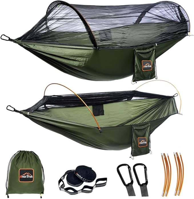 Professional Camping Hammock with Mosquito Net, Lightweight Portable Double Hammock with Two 10 FT Hammock Tree Straps, 230T Nylon Hammock for Camping, Hiking, Yard, Backpacking