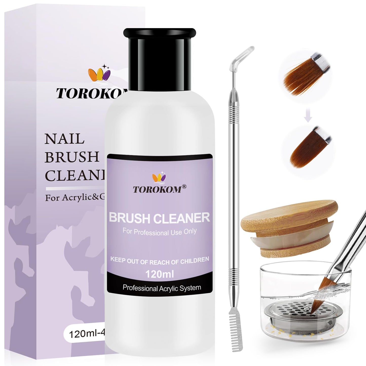 TOROKOM Acrylic Nail Brush Cleaner, 4 OZ Acrylic Brush Cleaner Nail Brush Cleaner Conditioner with Dappen Dish and Scrub Brush f