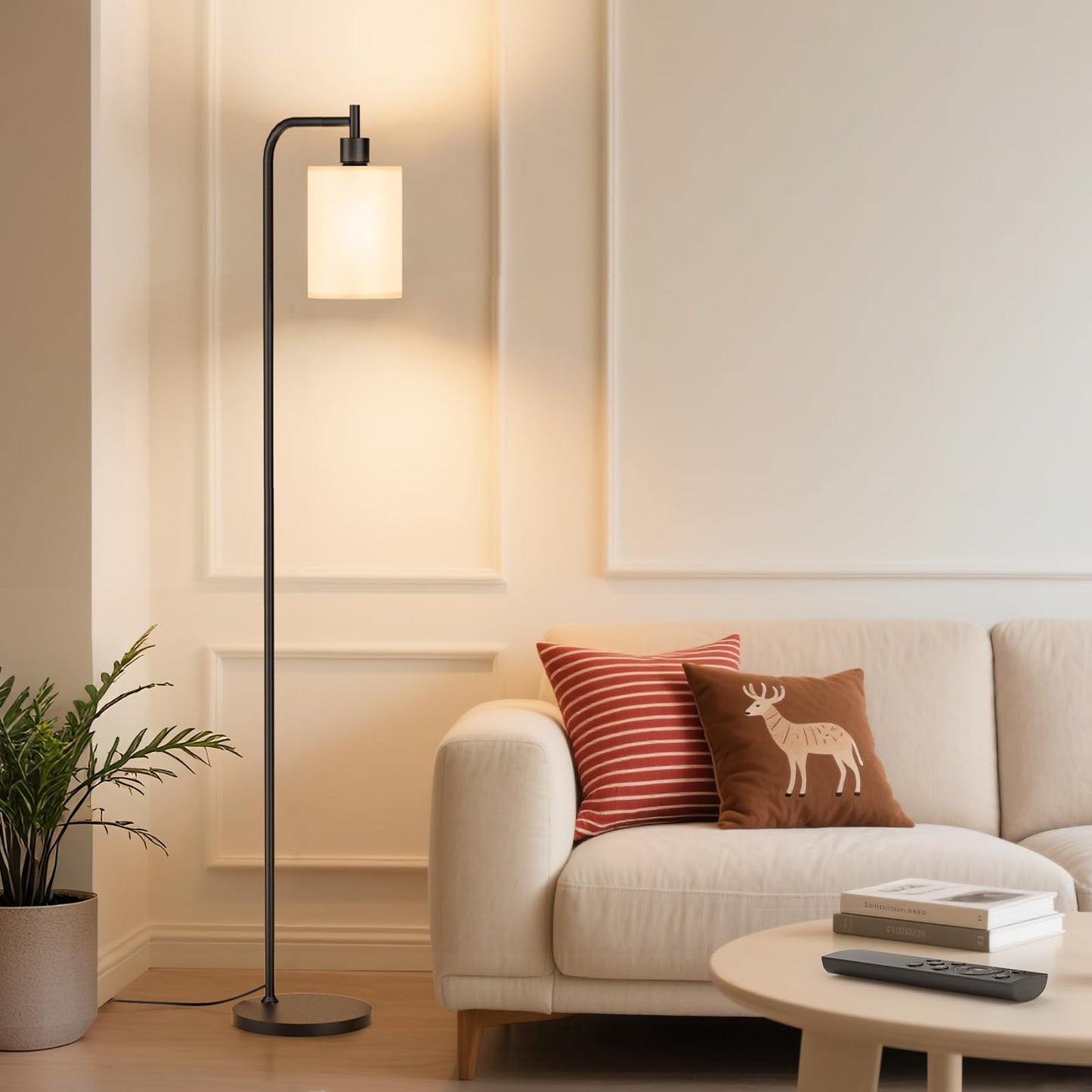 SIBRILLE Floor Lamp with Linen Shade, Dimmable, Remote Control, 9W LED Bulb, Modern Design, White, Model BP-F072