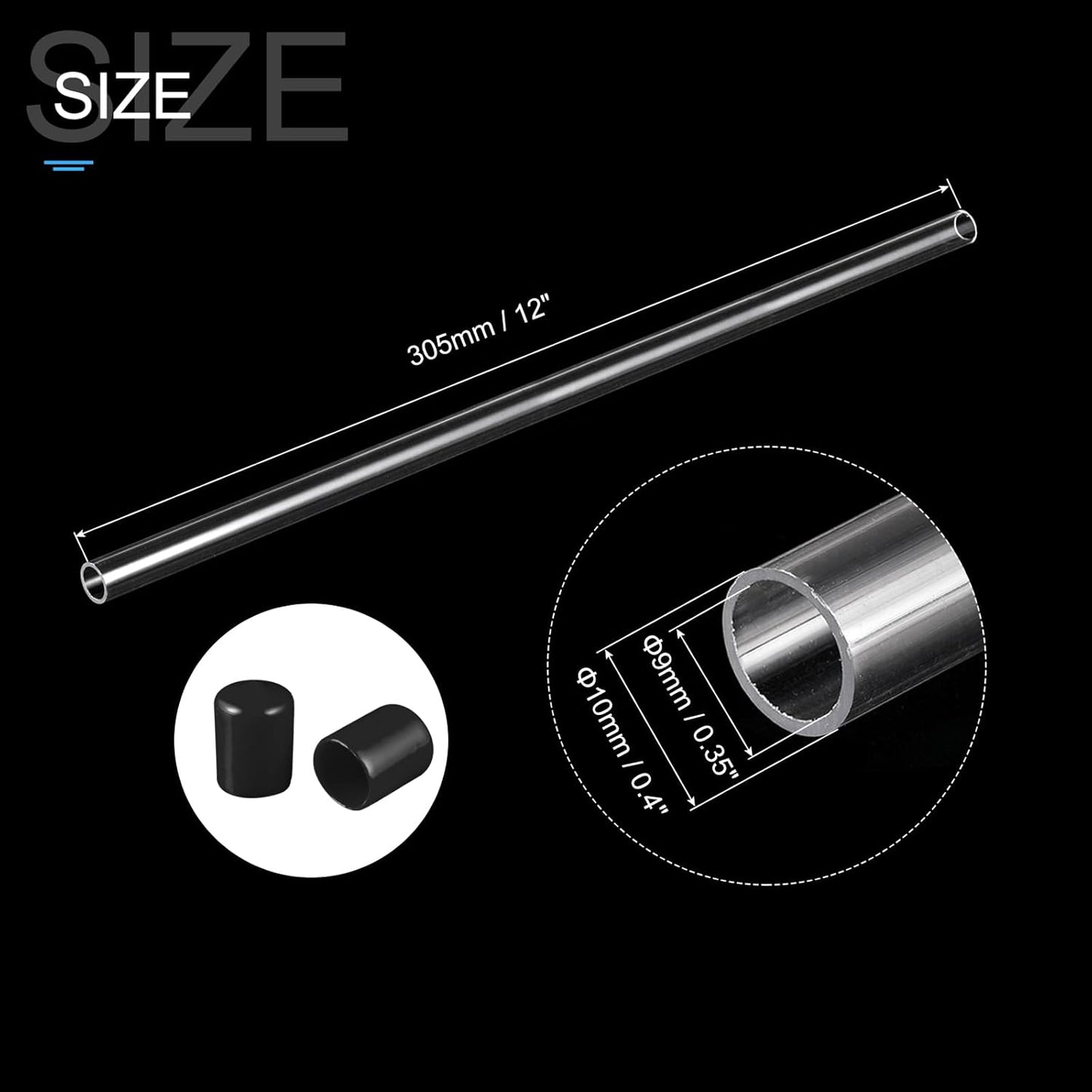 PATIKIL Clear Rigid Tube Round Plastic Tubing with Black Rubber Caps Polycarbonate Water Pipe, 305mm/ 12 Inch Length, 9mmx10mm/0.35"x0.4", 2 Set
