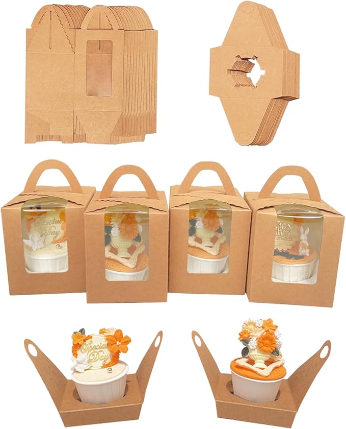 Bakepacker Auto-pop up Individual Cupcake Boxes with Window 60 Count Brown Single Cupcakes Box 3.7 x 3.7 x 4.3inch Cupcake Carrier
