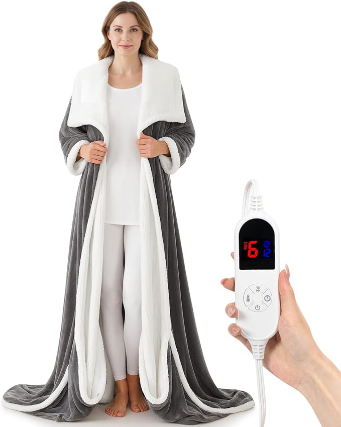 DAILYLIFE Wearable Heated Blanket with Foot Pocket, 52"x72" Electric Blanket with Sleeves for 6 Heat Settings, 12 Hours Ti...