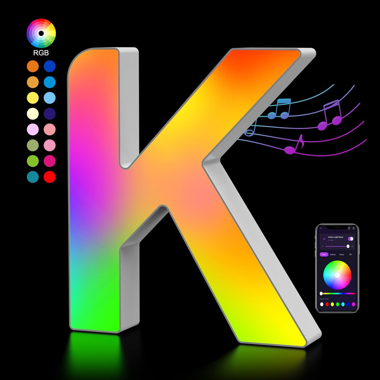 Kangtaixin LED Letter Light Sign, USB Powered Color Changing Night Light, Model G201, Letter K