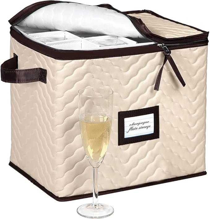 Wine Glass Storage Box with Dividers - Stemware Storage Case, Durable Quilted Microfiber Bin with Carry Handles, Protects Fine China - Durable Quilted Microfiber Bin with Carry Handles (1 Pack, Champagne Flute)
