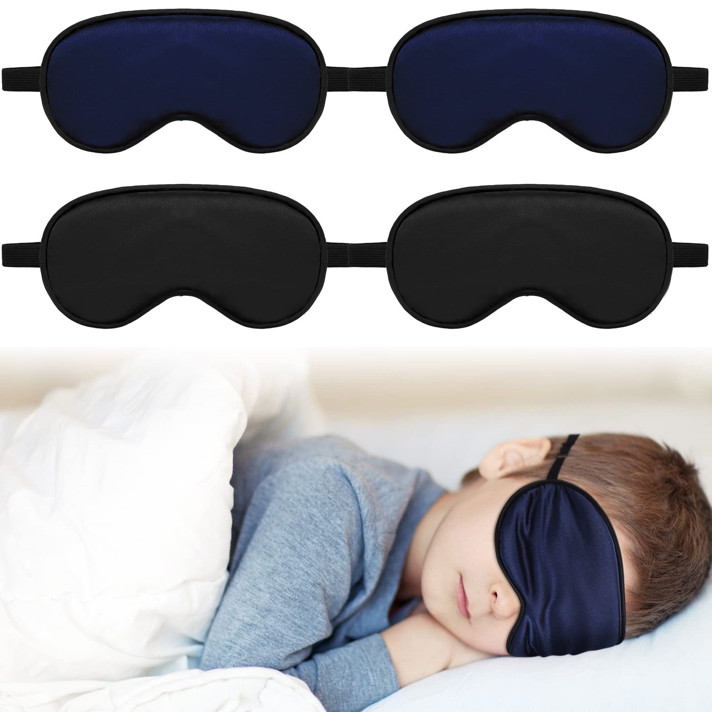 Sintege 4 Pcs Silk Eye Mask for Sleeping Kids Soft Eye Cover with Adjustable Strap Blindfold for Kids Boys Girls Christmas Travel Gift Nap Shade Blocking Light(Black, Navy Blue)