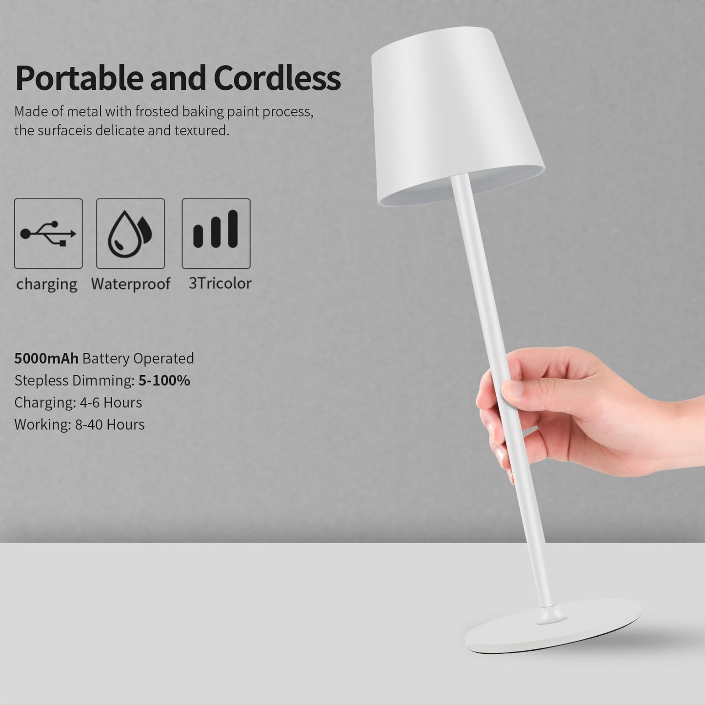 BGFHome Cordless LED Desk Lamp, 5000mAh Rechargeable, Touch Control, Minimalist Design, White, Model DLWHITE
