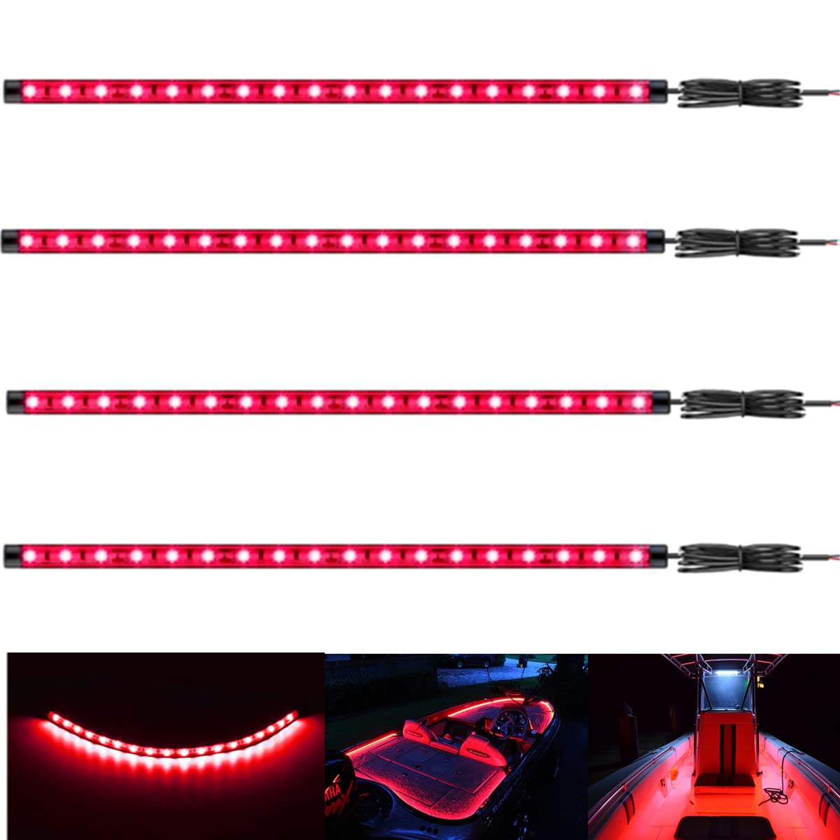 Vbakor Boat Led Strip Lights  4 Pcs 24 Marine Boat Interior Courtesy Deck Navigation Lights  Super Bright Waterproof Marine Led Lights Strip For 12V Pontoon Fishing Boat Yacht Kayak Sailboat (Red)
