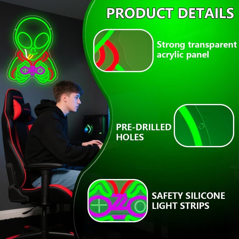 Green Alien Gamr Neon Sign,Gaming Dimmable LED Light Signs for Wall Art Decor,Game Room Backdrop for Bar Bedroom Club Party Man Cave,Alien Gift for Boys Teen Men USB Powered（ 15.8"* 11.9"）