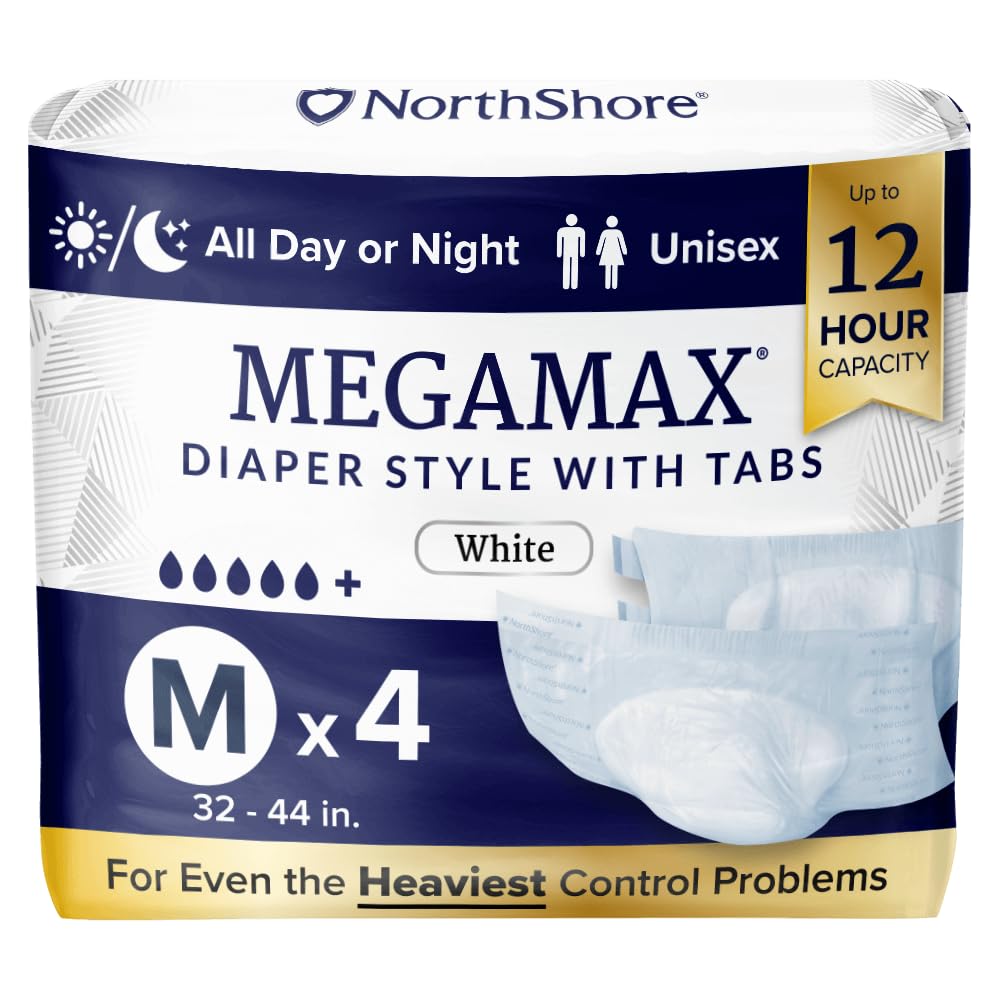 NorthShore MegaMax Adult Overnight Diapers, 12-Hour Tab-Style, Medium, 4 Count Starter Pack, White, 32-44 inches, Unisex Incontinence Underwear