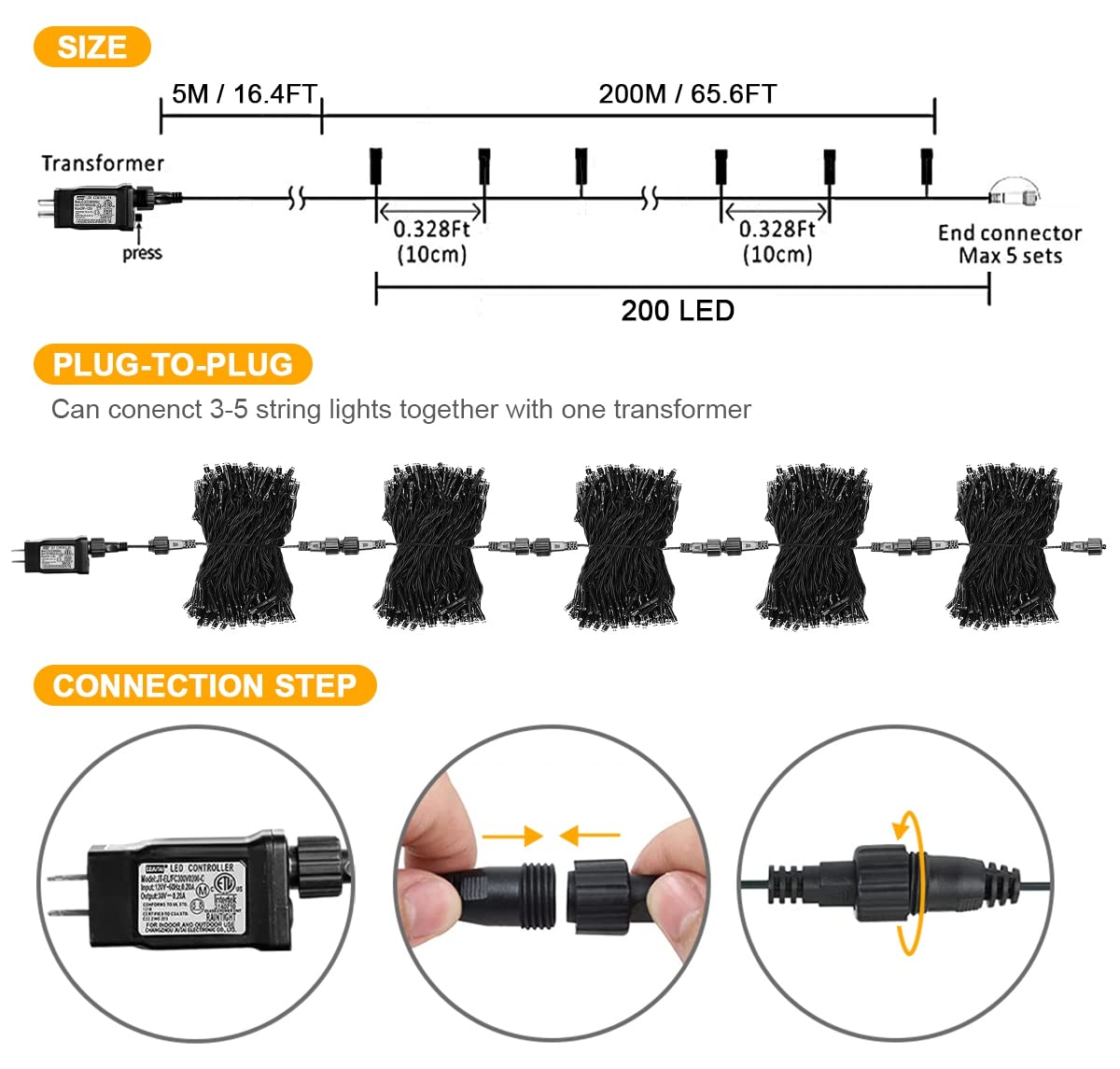 weillsnow 200 LED Orange Halloween String Lights, 66FT Waterproof with 8 Modes, Model HB-200COI