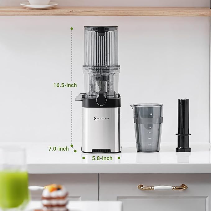 AMZCHEF Cold Press Juicer, 4.5" Juicer Machines with Large Feed Chute for Whole Fruits & Vegetables, Stainless Steel Juice Extractor with Large Auger, Dual Strainers, Easy Cleanup & Assembly