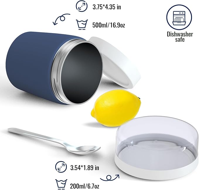 Stainless Steel Thermo for Hot Food for Kids Adults, 16.9oz Leakproof Insulated Food Jar with Detachable Snack Container (6.7oz) & Spoon, Wide Mouth Lunch Food Container for School, Office