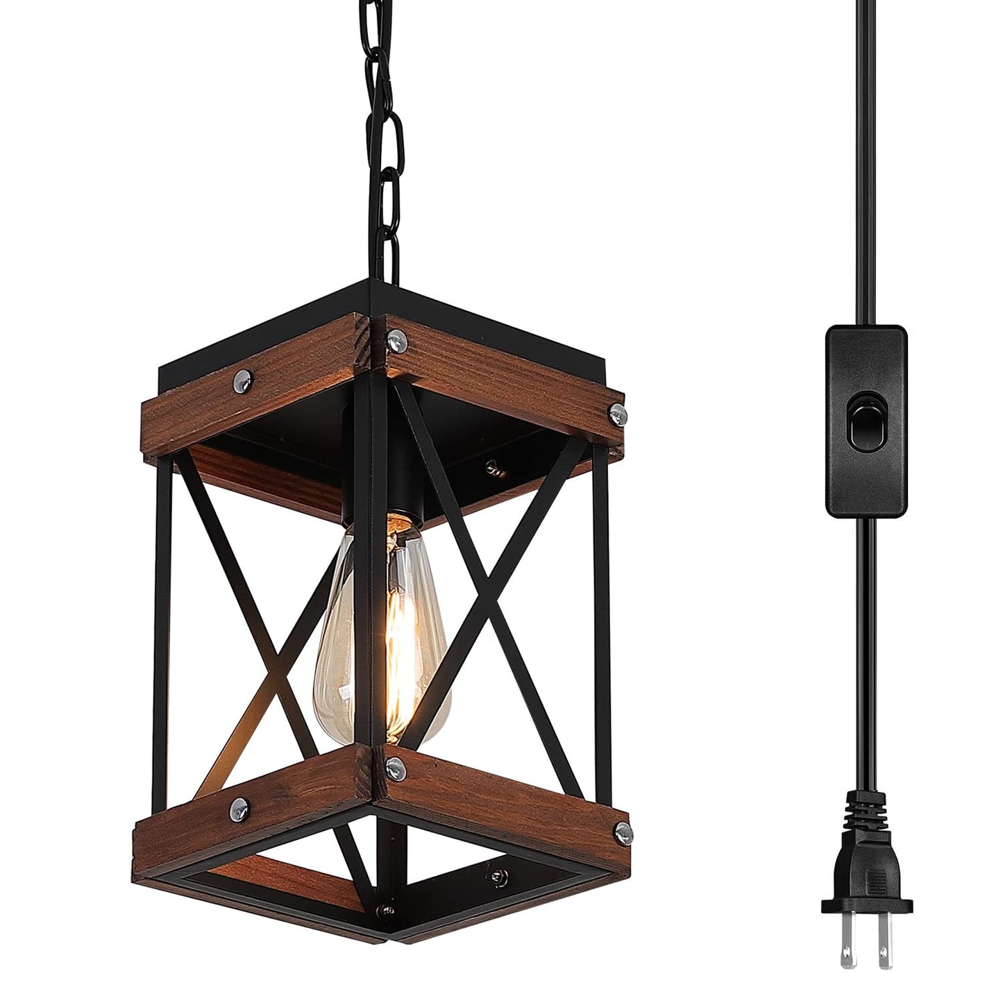 Fivess Lighting Rustic Farmhouse Plug-in Pendant Light, Black, 15ft Cord, On/Off Switch, Wood & Metal, Small, Model FSS6103-2P